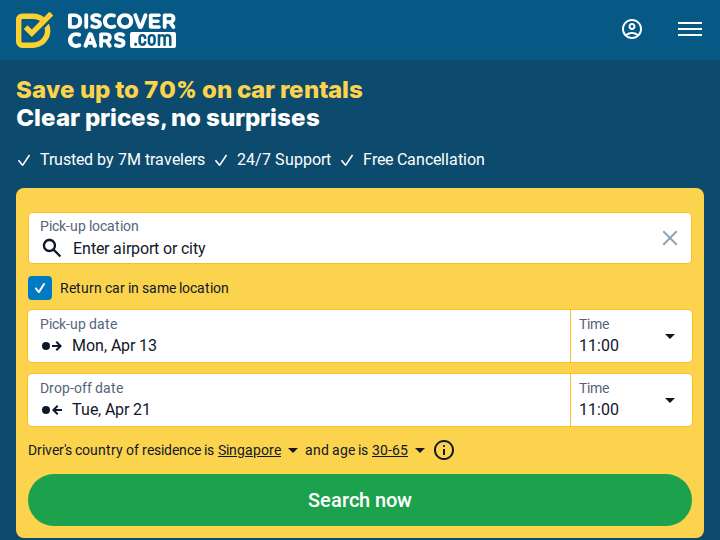 Discover Cars website preview