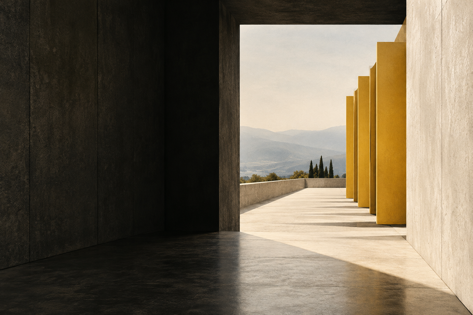 Abstract architectural threshold with yellow panels and a clear path suggesting affiliate network due diligence.